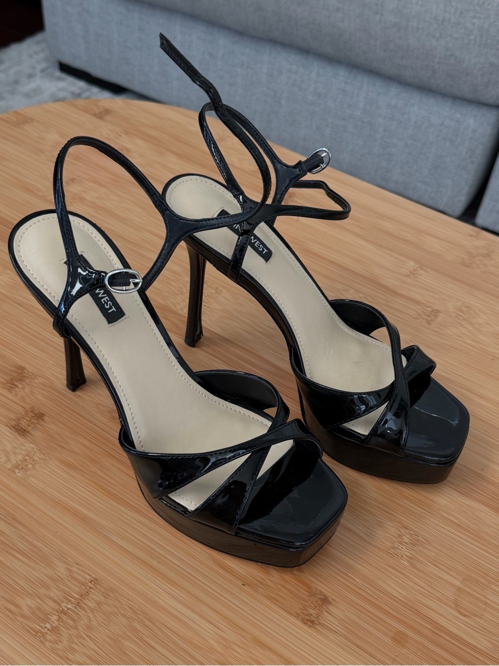 Nine West Black Patent Platform Strappy High Heels